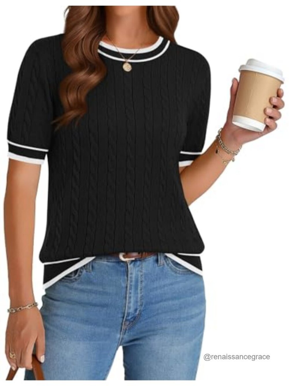 Cable Knit Short Sleeve Sweater Women Viscose Pullover Work Top